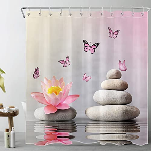 LB Zen Balance Stein Duschvorhang 180x200cm Rosa Blumen und Schmetterling Antischimmel Wasserdicht Badezimmer Vorhänge, Japanisches Spa Extra Lange Polyester Stoff Bad Vorhang mit Haken von LB