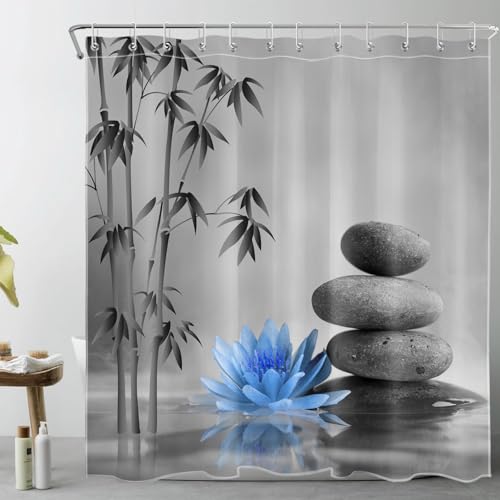 LB Zen-Bambus Duschvorhang 240x175cm(BxH) Blaue Blume Graue Steine Antischimmel Wasserdicht Badezimmer Vorhänge, Japanisches Garten-Spa Extra Breit Polyester Stoff Bad Vorhang mit Haken von LB