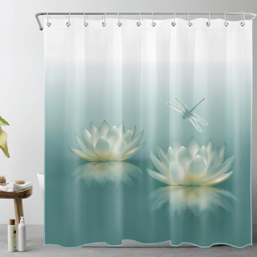 LB Zen-Blume Duschvorhang 180x200cm(BxH) Libellen-Seerose Antischimmel Wasserdicht Badezimmer Vorhänge, Japanisches Garten-Spa Extra Lange Polyester Stoff Bad Vorhang mit Haken von LB