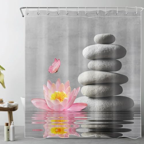 LB Zen Heilbad Duschvorhang 240x175cm(BxH) Rosa Seerosenblüte mit Schmetterling Antischimmel Wasserdicht Badezimmer Vorhänge, Graue Steine Extra Breit Polyester Stoff Bad Vorhang mit Haken von LB