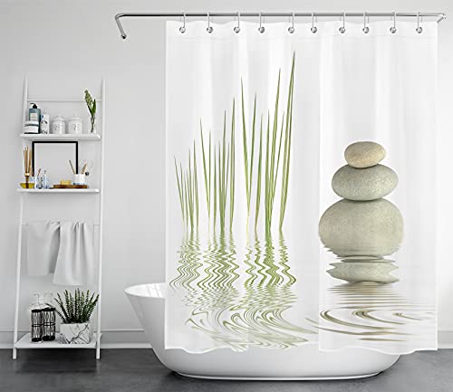 LB Zen Spa Duschvorhang 120x175cm Weißer Stein und grüne Pflanze Bad Vorhang mit Haken Polyester Wasserdicht Antischimmel Badezimmer Vorhänge von LB