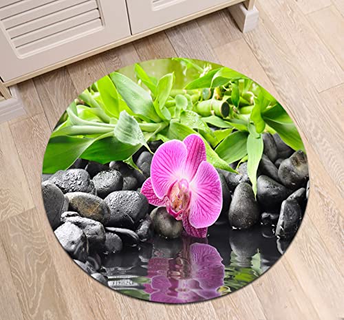 LB Zen Spa Teppich Lila Orchidee und Schwarze Steine Bodenmatte Runden Grüner Bambus am Fluss Weich Waschbar Innen Fußmatte für Wohnzimmer Badezimmer Schlafzimmer,60x60cm von LB