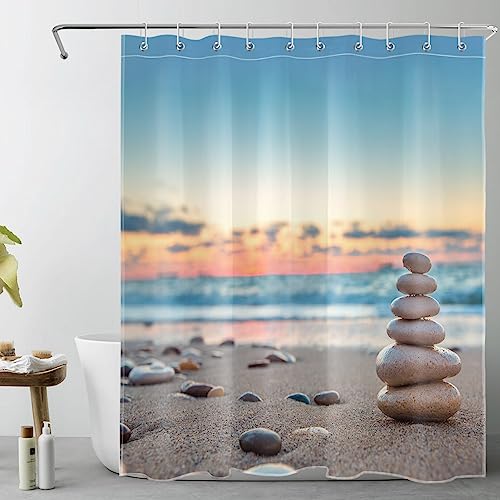 LB Zen Stein Duschvorhang 150x200cm Tropischer Strand Sonnenuntergang Landschaft Antischimmel Wasserdicht Badezimmer Vorhänge, Blaues Meer Extra Lange Polyester Stoff Bad Vorhang mit Haken von LB