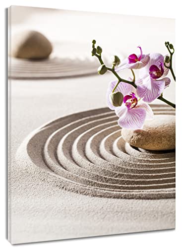 LB Zen Stein Wandbilder Lila Orchideenblüte Poster Spa Sand Leinwand Bilder Friedliche Stillleben Ästhetik Wanddruck für Wohnzimmer Schlafzimmer Badezimmer Wand Deko,40x50cm Gerahmt von LB