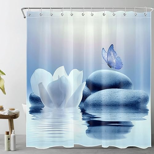 LB Zen Steine Duschvorhang 180x180cm Weiße Blume mit blauem Schmetterling Antischimmel Wasserdicht Badezimmer Vorhänge, Ruhiges Spa Polyester Stoff Bad Vorhang mit Haken von LB