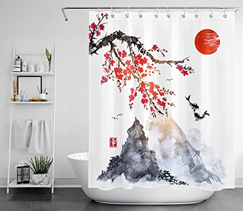 LB japanisch Duschvorhang 150x180cm Rote Kirschblüte und Sonne Antischimmel Wasserdicht Badezimmer Vorhänge, Schwarzgrauer Berg und Koi Kurz Polyester Stoff Bad Vorhang mit Haken von LB