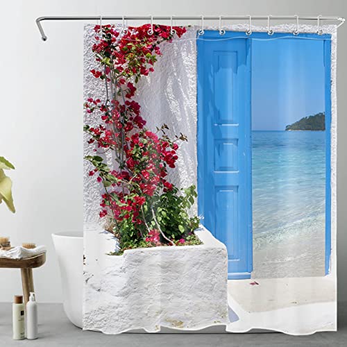 LB Duschvorhang Meer Landschaft Bade Vorhang Griechisch Insel Blau Holz Tür Rote Blume Polyester Wasserdicht Antischimmel Badezimmer Vorhänge mit Haken,150x180cm von LB