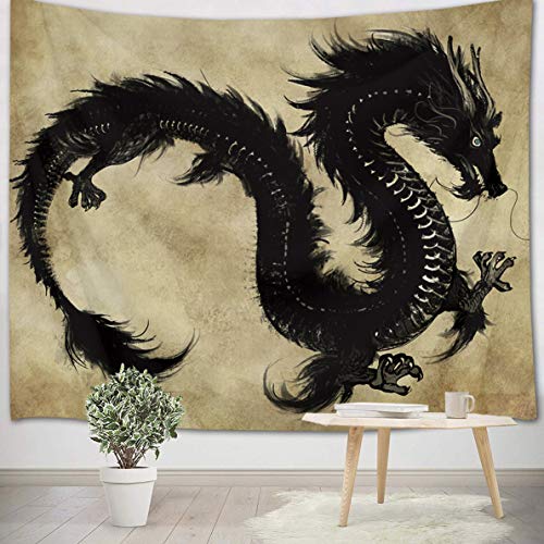 LB Wandteppich Schwarzer Drache Wandtuch Chinesischer Altes Legendäres Tier Wandbehang Japanisch Tapisserie für Wohnzimmer Schlafzimmer Wohnheim Wanddeko,200x150cm von LB