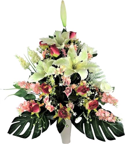 LBA Künstliche Blumenzentrum für Friedhof, bereit für die Einführung in Grabboote oder Nischen. Verschiedene Modelle. (Weiß und Rosa) von LBA