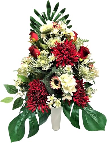 LBA Künstliche Blumenzentrum für Friedhof, bereit für die Einführung in die Boote von Gräbern oder Nischen. Verschiedene Modelle. (Granat und Weiß) von LBA