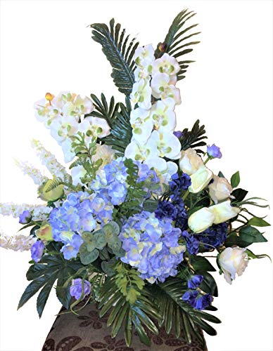 LBA Zentrum für weiße Orchideen und Blaue Hortensien, künstliche Blumen und Pflanzen, sowohl für Haus als auch für Friedhof, Maße: 85 x 85 cm. von LBA