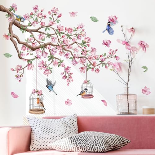 Kirschblüten Wandtattoo mit Vögeln 90x30cm Rosa Blumen Baum Ast Design von LBHSWWX