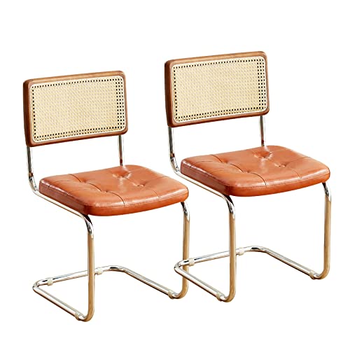 Rattan-Esszimmerstühle, 2er-Set, Mid-Century-Modern-Küchen- und Esszimmerstuhl, Kaffeestuhl mit Rohrgeflecht-Rückenlehne, bequemer, mit Leder gepolsterter Akzent-Schreibtischstuhl mit Metallbeinen von LBLFEBD