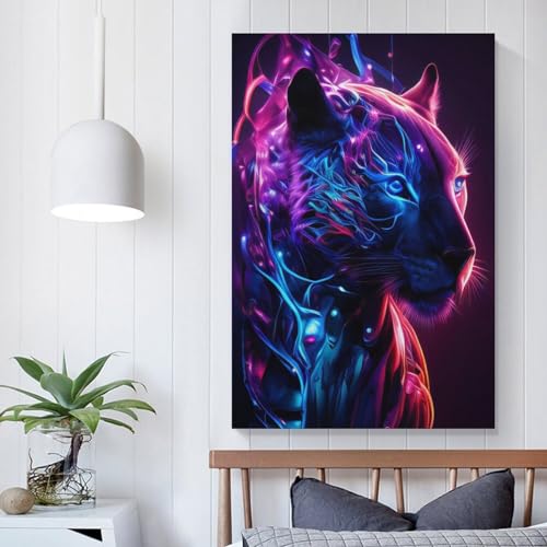 LBLmoney NEON JAGUAR Bilder, Gemälde auf Leinwand für Wohnzimmer, Zuhause, Wanddekoration, auf Holz gespannt, fertig zum Aufhängen, 60 x 90 cm (24 x 36 Zoll) von LBLmoney