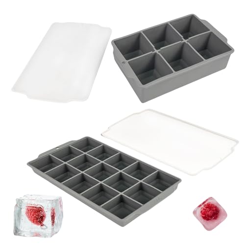 Eiswürfelform mit Deckel Silikon Eiswürfelformen, LBMONKEY Große Eiswürfelformen Silikon Flexible Eiswürfelform für Gefrierschrank Whisky Cocktails Partys Getränk (Grau, 15&6 Quadrate) von LBMONKEY