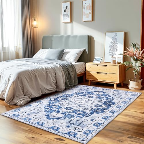 LBRO2M Boho-Teppich, waschbar, niedriger Flor, rutschfest, weich, Vintage-Teppiche für Wohnzimmer, Schlafzimmer, bunter Außen- und Innenbereich, 12,7 x 17,8 cm (Blau, 12,7 x 17,8 cm) von LBRO2M
