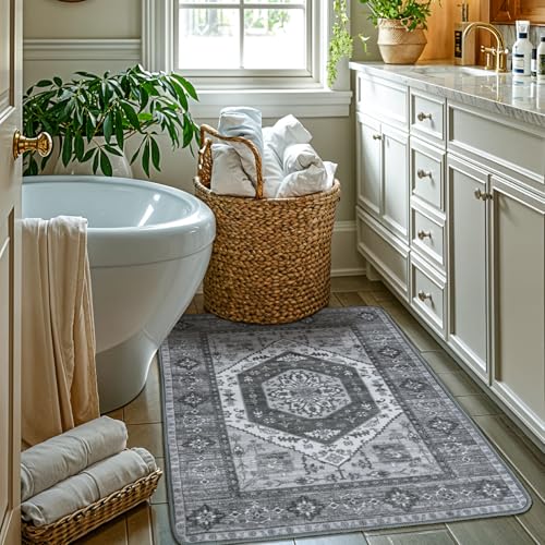 LBRO2M Waschbarer Teppich, 7,6 x 12,7 cm, leicht zu reinigen, moderner Boho-Teppich für Küche und Badezimmer, rutschfester Teppich, ideal für Haustiere und Familien, 90 x 150 cm, Dunkelgrau von LBRO2M