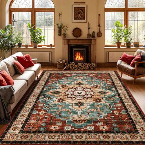 LBRO2M Waschbarer Teppich, rutschfest, groß, für Wohnzimmer, leicht zu reinigen, weich, schmutzabweisend, niedriger Flor, Boho-Teppich, ideal für Haustiere und Familie, 20,3 x 25,4 cm, Rot LBRO2M Waschbarer Teppich, rutschfest, groß, für Wohnzimmer, leicht zu reinigen, weich, schmutzabweisend, niedriger Flor, Boho-Teppich, ideal für Haustiere und Familie, 20,3 x 25,4 cm, Rot von LBRO2M
