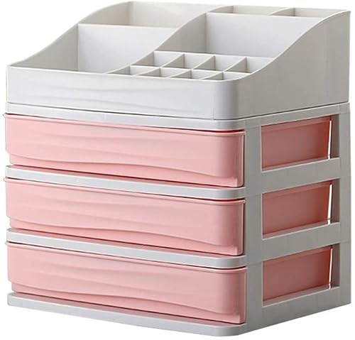 LBRTMED Schmuck- und kosmetische Aufbewahrungsboxen mit 3 Schubladen und Bürstenhalter Desktop-Klassifizierungsbehälter Mehrschicht-Büro-Kleinmessen Aufbewahrung (Farbe: Pink) von LBRTMED