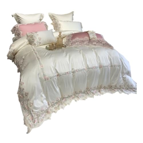 LBRTMED Tröster-Set-Queen-Bett-Kit Spitzen-Prinzessin Wind Baumwolle Vierköpfige hautfreundliche Hochzeit Brautquilt-Deckungsabdeckung Weiches Bettwäsche (Rosa, 1,5 m Bett) von LBRTMED