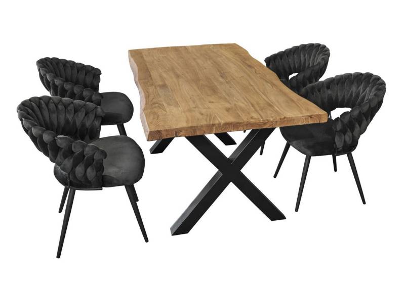 LC Home Essgruppe LC Home Essgruppe 5tlg. Esstisch + 4x Esszimmerstühle Samt Flechtoptik, (5-tlg) von LC Home