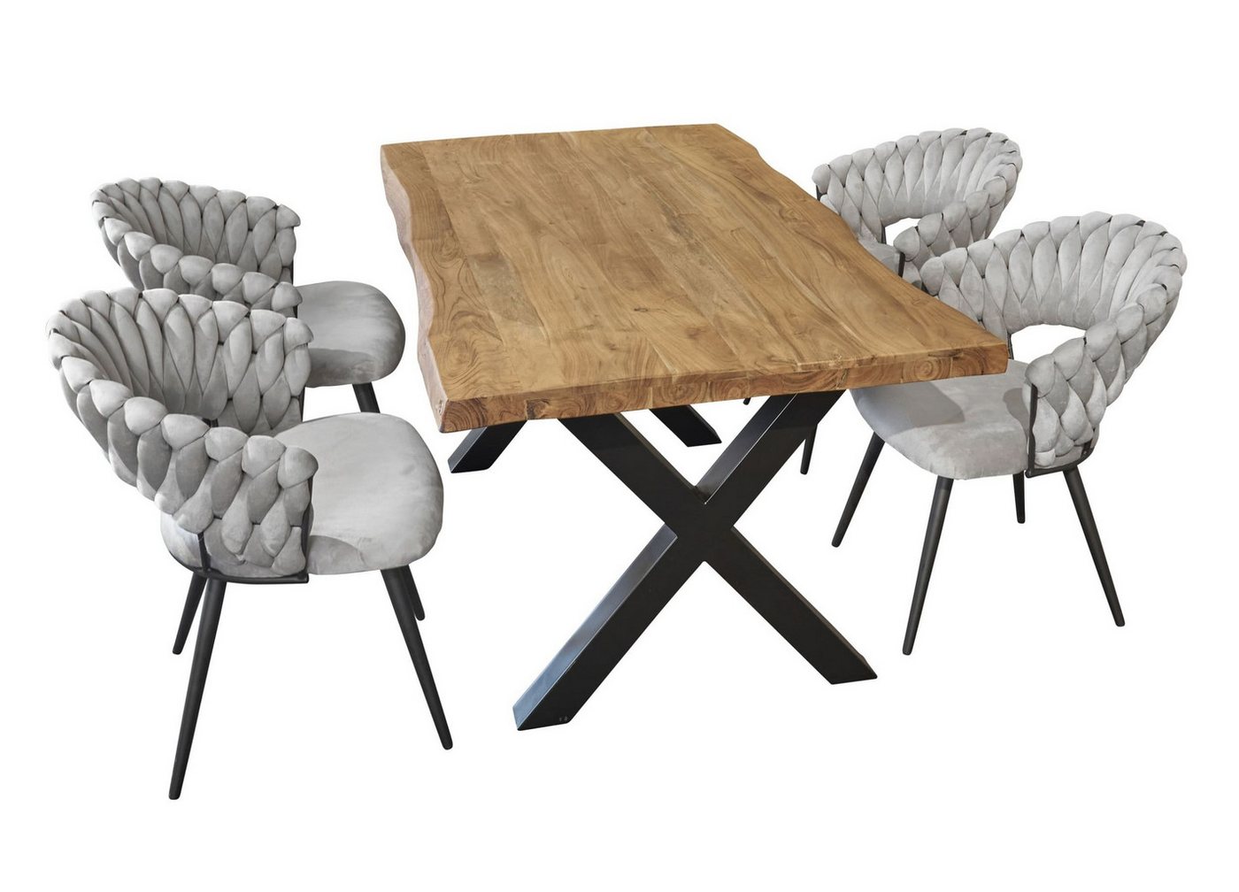 LC Home Essgruppe LC Home Essgruppe 5tlg. Esstisch + 4x Esszimmerstühle Samt Flechtoptik, (5-tlg) von LC Home