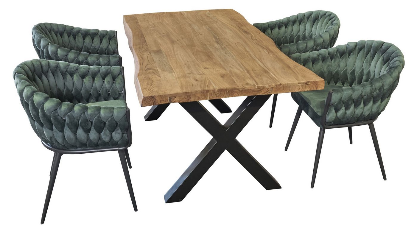 LC Home Essgruppe LC Home Essgruppe 5tlg. Esstisch + 4x Esszimmerstühle Samt Flechtoptik, (5-tlg) von LC Home