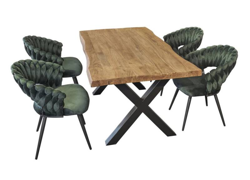 LC Home Essgruppe LC Home Essgruppe 5tlg. Esstisch + 4x Esszimmerstühle Samt Flechtoptik, (5-tlg) von LC Home