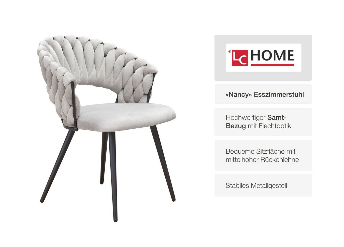 LC Home Essgruppe LC Home Essgruppe 5tlg. Esstisch + 4x Esszimmerstühle Samt Flechtoptik, (Set, 5-tlg., 1x Esstisch 175x90cm 4-Fuß, 4 Esstühle) von LC Home