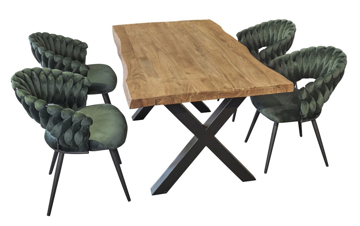 LC Home Essgruppe LC Home Essgruppe 5tlg. Esstisch + 4x Esszimmerstühle Samt Flechtoptik, (Spar-Set, 5-tlg., 1 Tisch 4 Stühle), bestehend aus 4 Stühlen und 1 Tisch von LC Home