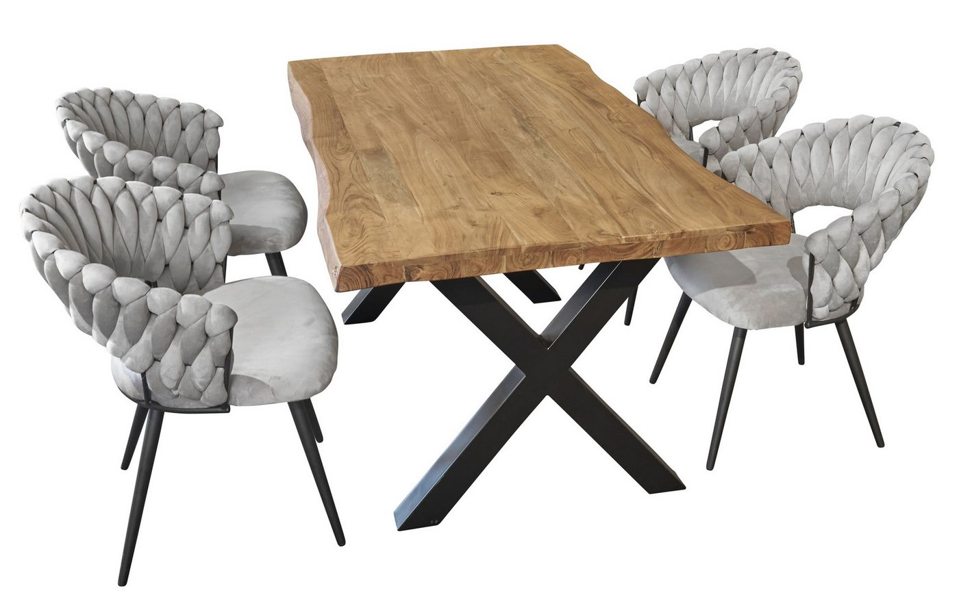 LC Home Essgruppe LC Home Essgruppe 5tlg. Esstisch + 4x Esszimmerstühle Samt Flechtoptik, (Spar-Set, 5-tlg., 1 Tisch 4 Stühle), bestehend aus 4 Stühlen und 1 Tisch von LC Home