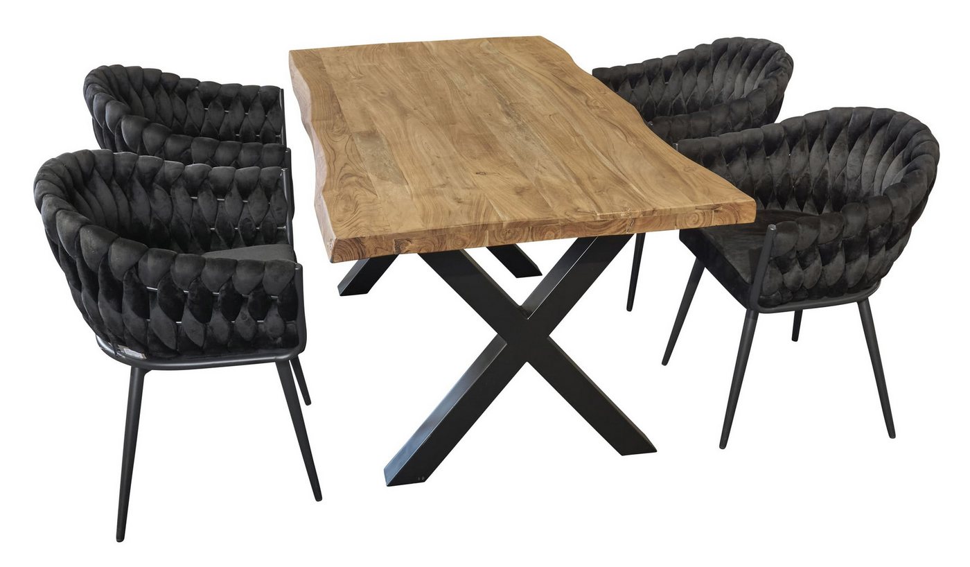 LC Home Essgruppe LC Home Essgruppe 5tlg. Esstisch + 4x Esszimmerstühle Samt Flechtoptik, (Spar-Set, 5-tlg., 1 Tisch 4 Stühle), bestehend aus 4 Stühlen und 1 Tisch von LC Home