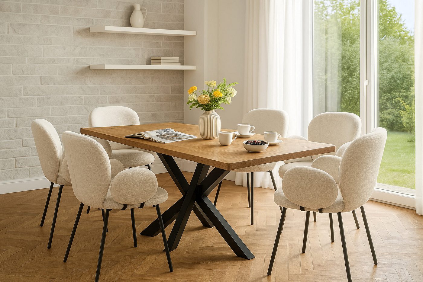 LC Home Essgruppe LC Home Essgruppe Lille Esstisch Wildeiche Esszimmerstühle Teddystoff von LC Home