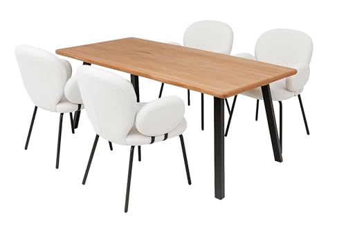 LC Home Essgruppe Lille Esstisch Wildeiche + Esszimmerstühle Armlehne Teddystoff (Creme, 175x90cm 4-Fuß) von LC Home