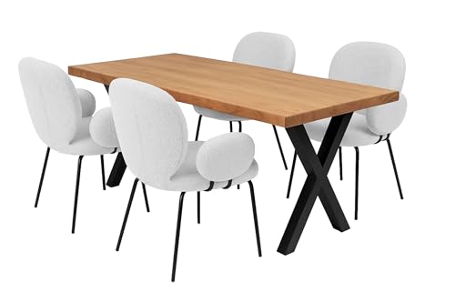 LC Home Essgruppe Lille Esstisch Wildeiche + Esszimmerstühle Armlehne Teddystoff (Creme, 180x90cm X-Fuß) von LC Home