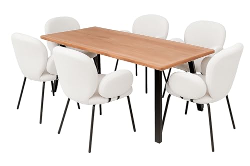 LC Home Essgruppe Lille Esstisch Wildeiche + Esszimmerstühle Armlehne Teddystoff (Creme, 215x100cm 4-Fuß) von LC Home