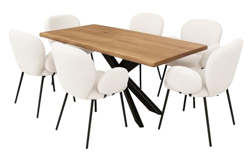 LC Home Essgruppe Lille Esstisch Wildeiche + Esszimmerstühle Armlehne Teddystoff (Creme, 220x100cm Stern-Fuß) von LC Home