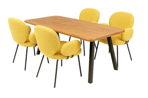 LC Home Essgruppe Lille Esstisch Wildeiche + Esszimmerstühle Armlehne Teddystoff (Gelb, 175x90cm 4-Fuß) von LC Home