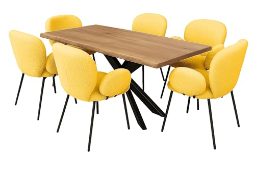 LC Home Essgruppe Lille Esstisch Wildeiche + Esszimmerstühle Armlehne Teddystoff (Gelb, 215x100cm 4-Fuß) von LC Home