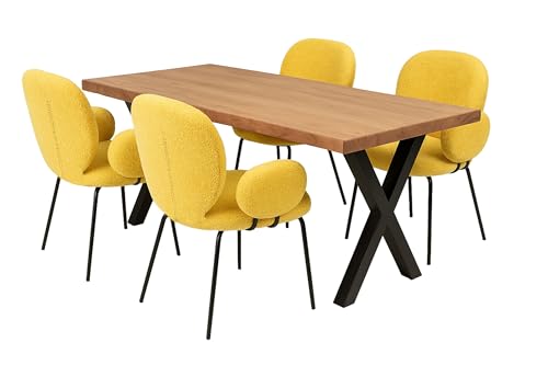 LC Home Essgruppe Lille Esstisch Wildeiche + Esszimmerstühle Armlehne Teddystoff (Gelb, 220x100cm Stern-Fuß) von LC Home
