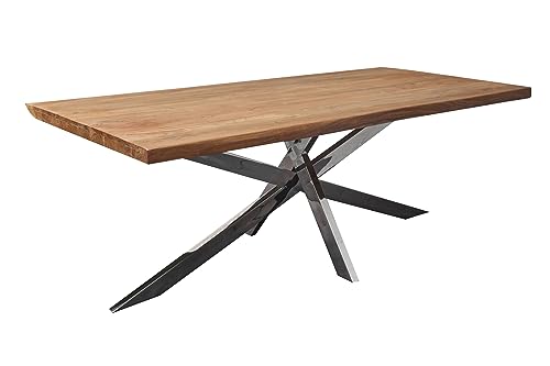 LC Home Esstisch Baumkante Stern-Gestell Edelstahl 215x100cm Holztisch Akazie Massivholz Industrial Design Tisch Massivholztisch Baumkantentisch (Stern-Gestell Edelstahl, 215 x 100cm) von LC Home