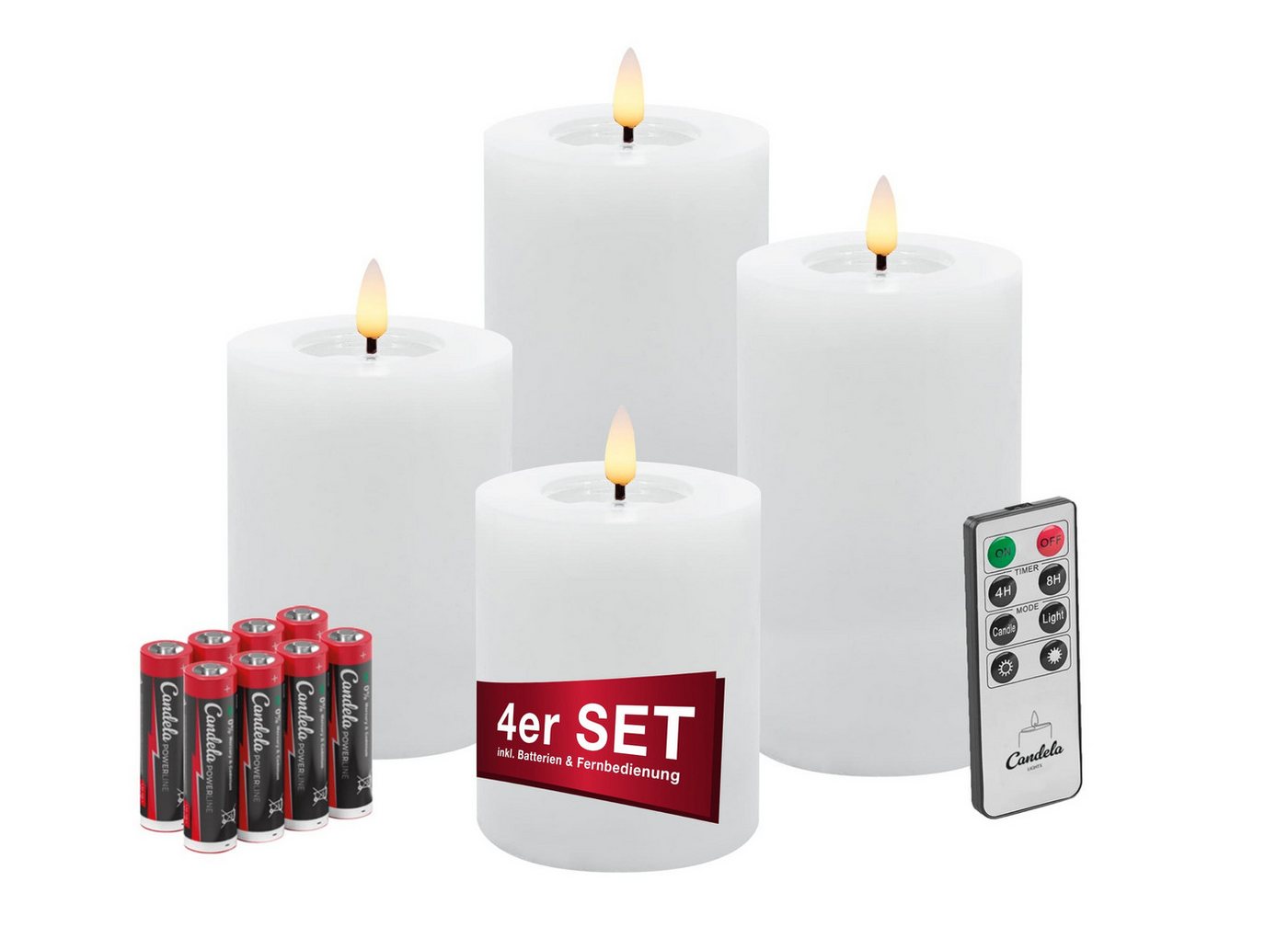 LC Home LED-Kerze Candela Lights LED Kerzen Echtwachs 4erSet mit Fernbedienung Batterien (Komplett-Set), LED Kerzen mit Timerfunktion Fernbedienung Dimmbar von LC Home