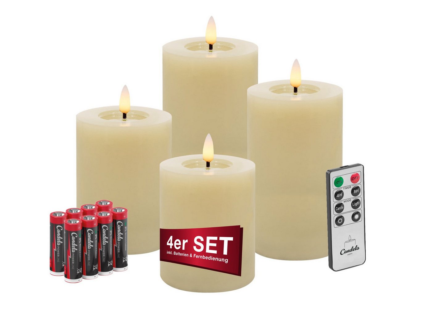 LC Home LED-Kerze Candela Lights LED Kerzen Echtwachs 4erSet mit Fernbedienung Batterien (Komplett-Set), LED Kerzen mit Timerfunktion Fernbedienung Dimmbar von LC Home
