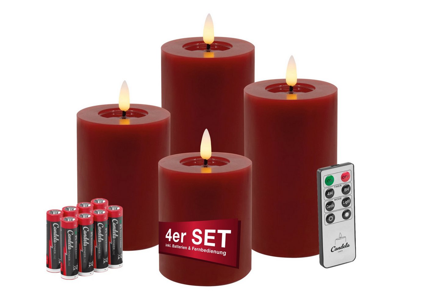 LC Home LED-Kerze Candela Lights LED Kerzen Echtwachs 4erSet mit Fernbedienung Batterien (Komplett-Set), LED Kerzen mit Timerfunktion Fernbedienung Dimmbar von LC Home