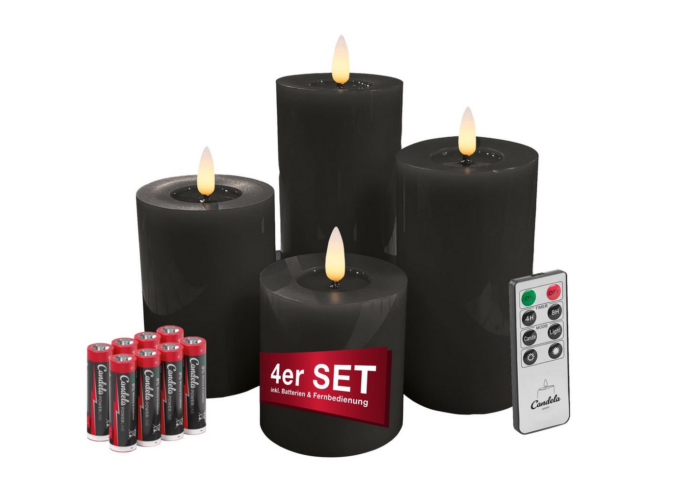 LC Home LED-Kerze Candela Lights LED Kerzen Echtwachs 4erSet mit Fernbedienung Batterien (Komplett-Set), LED Kerzen mit Timerfunktion Fernbedienung Dimmbar von LC Home