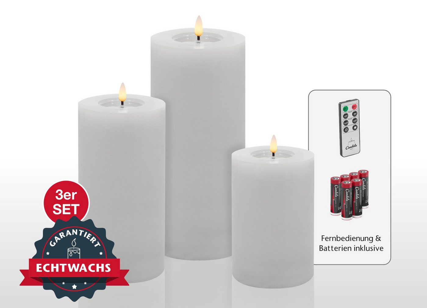 LC Home LED-Kerze Candela Lights LED Kerzen Set Echtwachs inkl Batterien & Fernbedienung (Spar-Set, 3-tlg., verschiedene Größen), Echtwachs, Dimmbar, Timer Funktion von LC Home