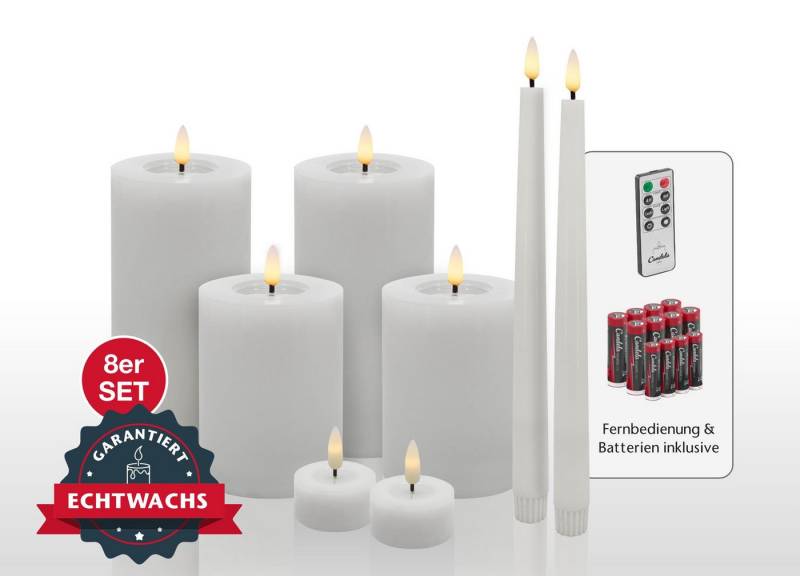 LC Home LED-Kerze Candela Lights LED Kerzen Set Echtwachs inkl Batterien & Fernbedienung (Spar-Set, 8-tlg., verschiedene Größen), Echtwachs, Dimmbar, Timer Funktion von LC Home