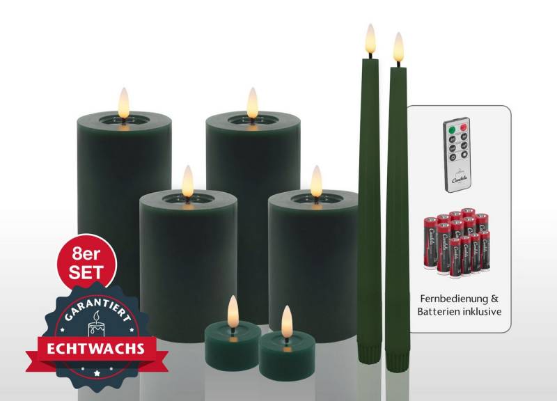 LC Home LED-Kerze Candela Lights LED Kerzen Set Echtwachs inkl Batterien & Fernbedienung (Spar-Set, 8-tlg., verschiedene Größen), Echtwachs, Dimmbar, Timer Funktion von LC Home