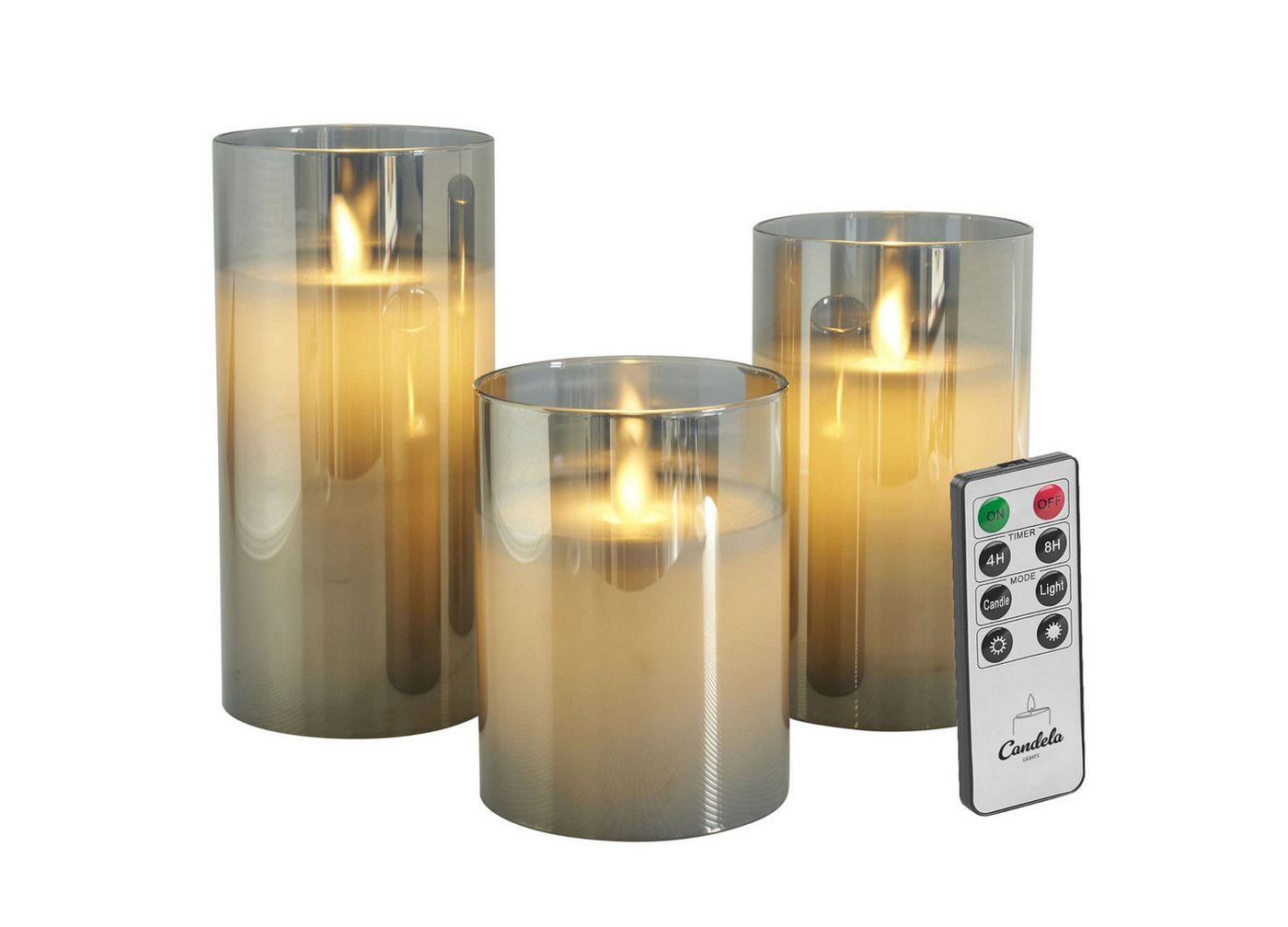 LC Home LED-Kerze LED Kerzen Set Echtwachskerze Glas Timerfunktion Fernbedienung Dimmbar (Spar-Set, 3-tlg., LED Kerzen im Glas 3er Set mit Fernbedienung), Led Kerzen 3er Set in 10x7,5 • 12,5x7,5 • 15x7,5cm von LC Home