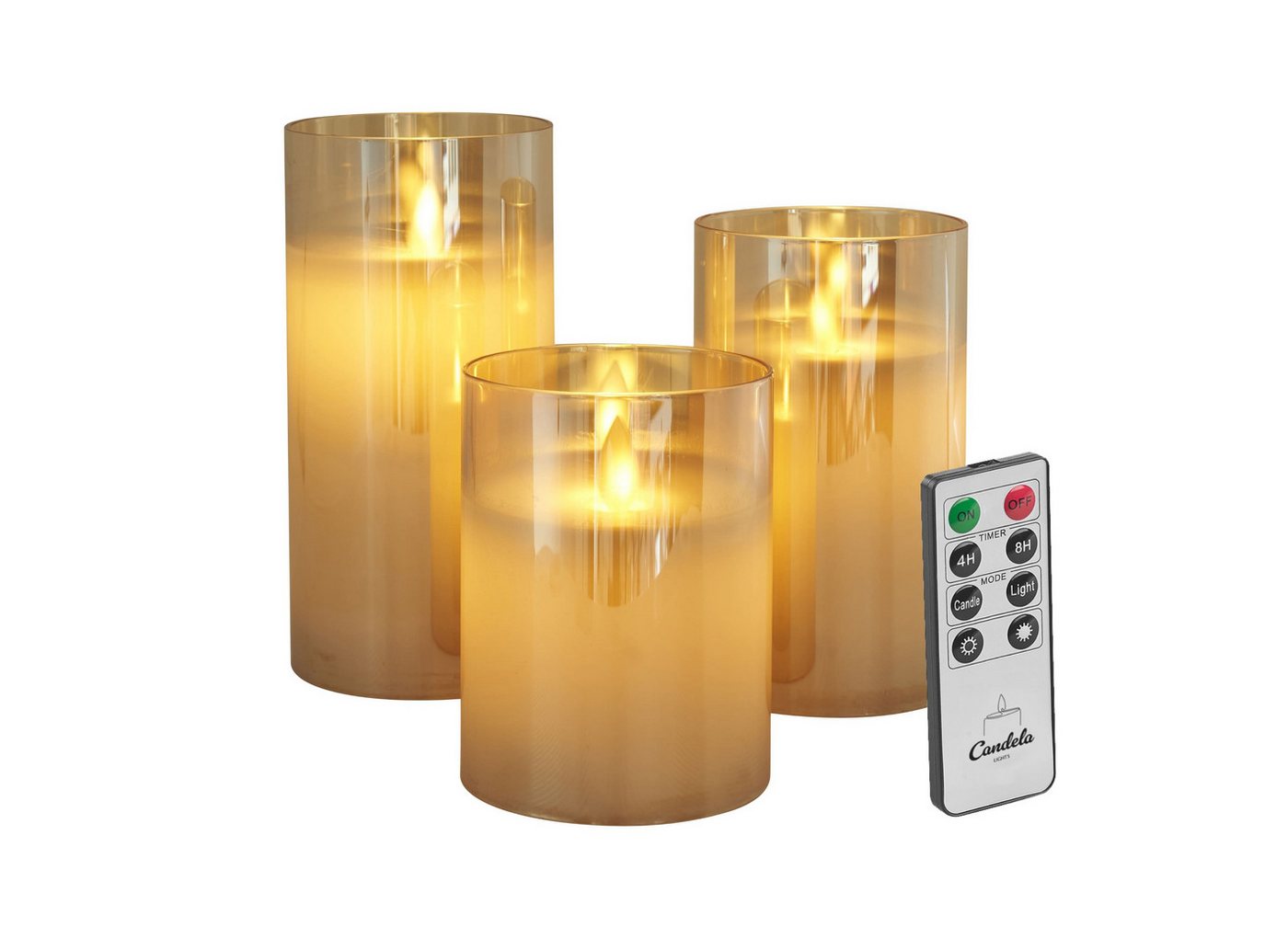 LC Home LED-Kerze LED Kerzen Set Echtwachskerze Glas Timerfunktion Fernbedienung Dimmbar (Spar-Set, 3-tlg., LED Kerzen im Glas 3er Set mit Fernbedienung), Led Kerzen 3er Set in 10x7,5 • 12,5x7,5 • 15x7,5cm von LC Home
